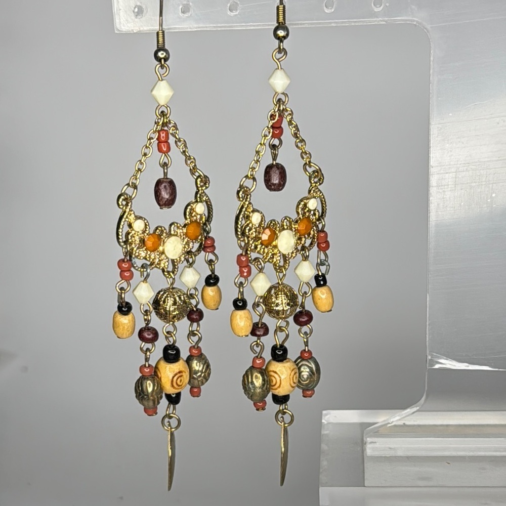 Bohemian Gold and Brown Chandelier Earrings with Leaf Charms